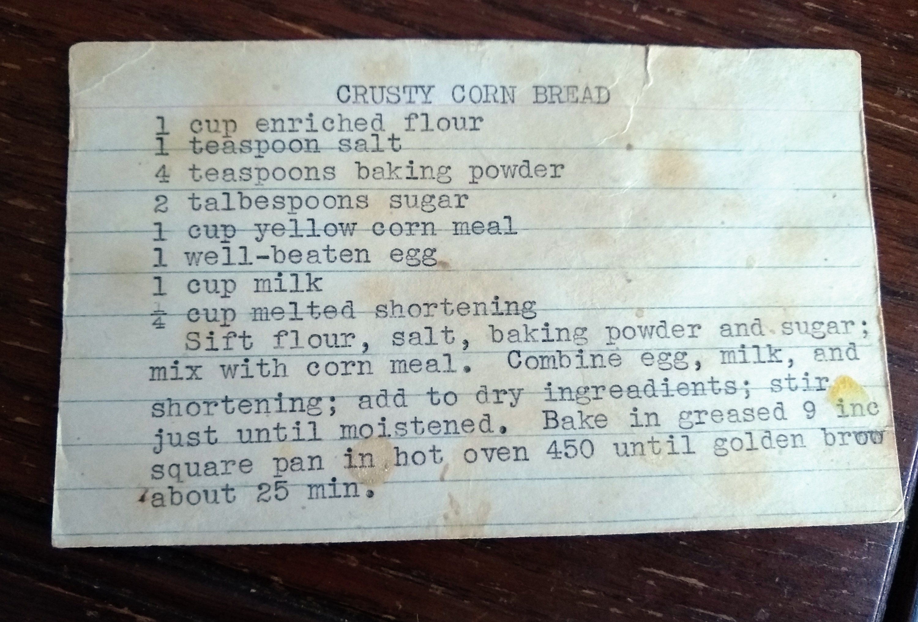 Recipe, vintage recipe, recipe card, corn bread